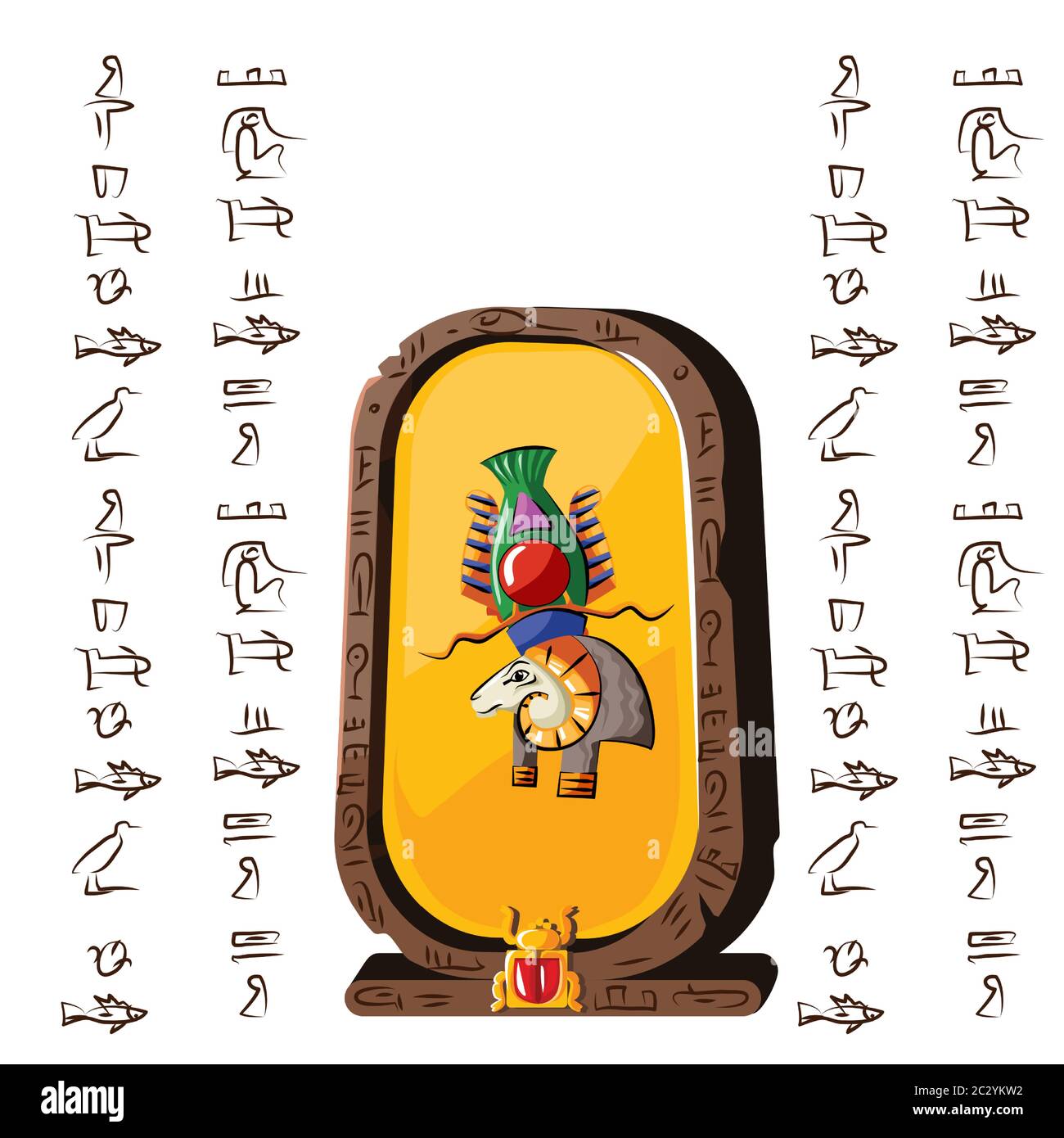 Stone board or clay plate with ram headed god and Egyptian hieroglyphs cartoon vector illustration. Ancient object for recording storing information, Stock Vector