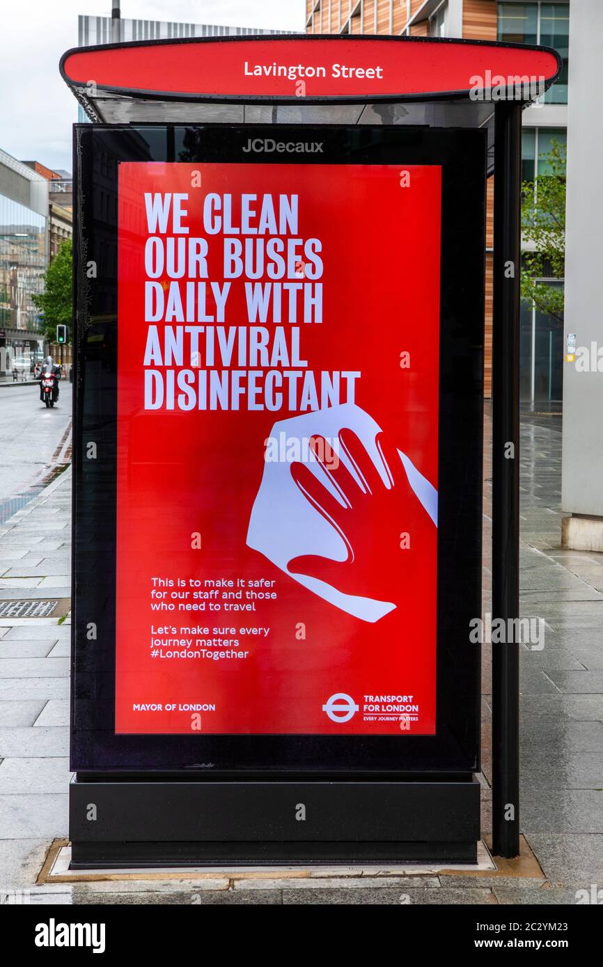 London, UK - June 17th 2020: A bus stop in London, UK, during the Coronavirus pandemic, displaying a sign informing commuters that the buses are clean Stock Photo