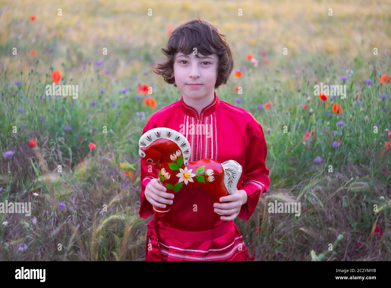 Portrait of a boy in a field with wild flowers. Boy in Russian peasant shirt. In his hands is a wooden horse painted in the style of lubok. Stock Photo