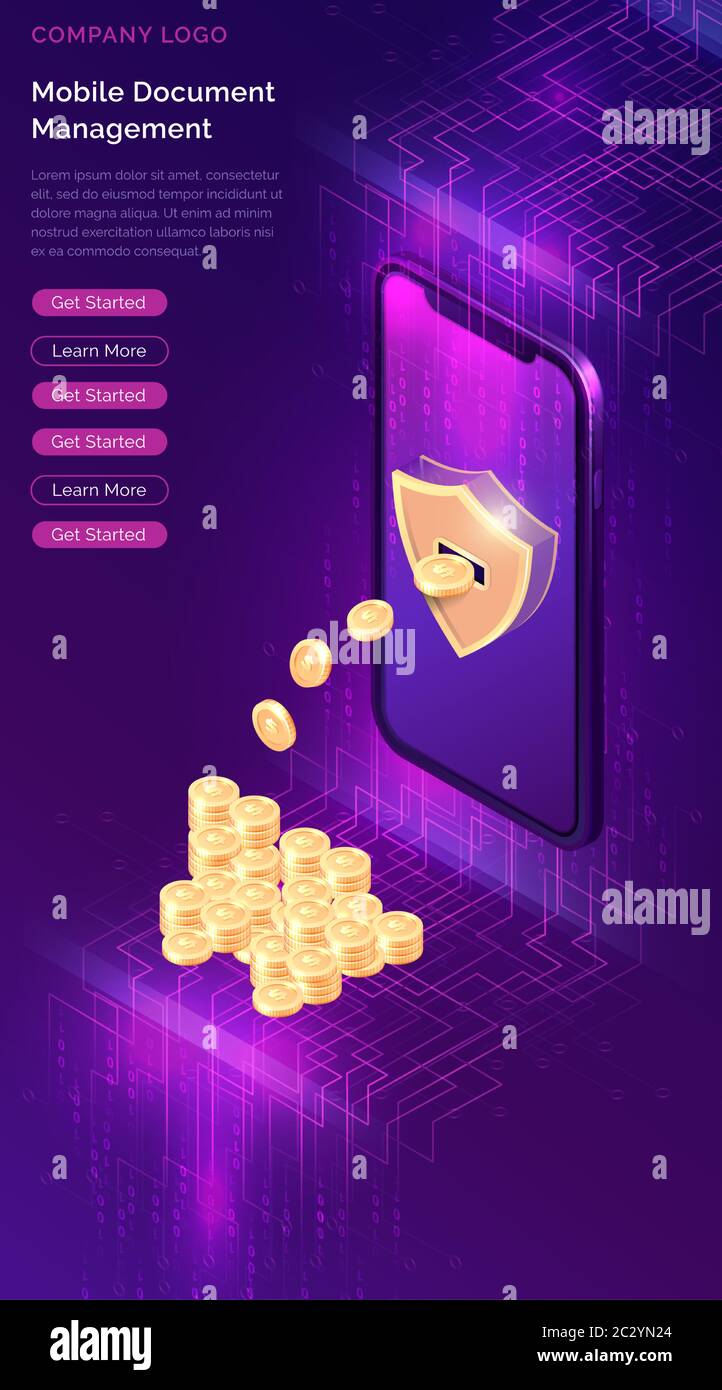 Cryptocurrency mining isometric concept vector illustration. Mobile phone  with golden shield on screen, gold coins flying out, isolated illustration  o Stock Vector Image & Art - Alamy