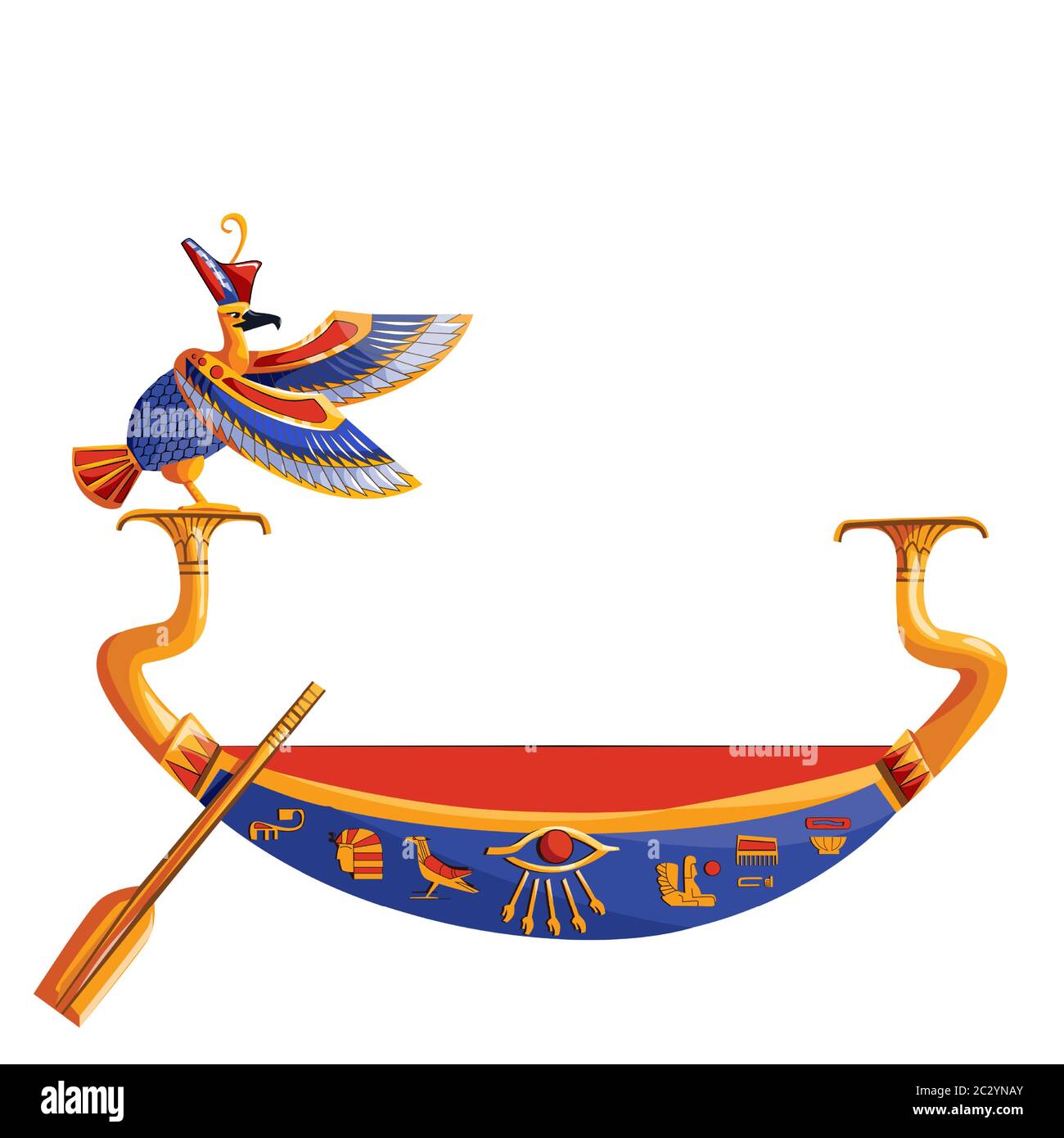 Ancient Egypt wooden boat with oar or paddle for sun god trip cartoon vector illustration. Egyptian culture religious symbol, decorated barque with bi Stock Vector