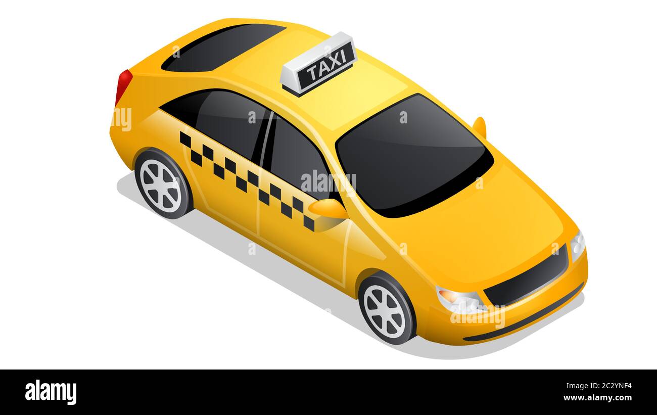 Isometric car icon isolated on white background. Vehicles for passenger transportation, yellow taxi sedan or checkered cab with black tinted glass and Stock Vector