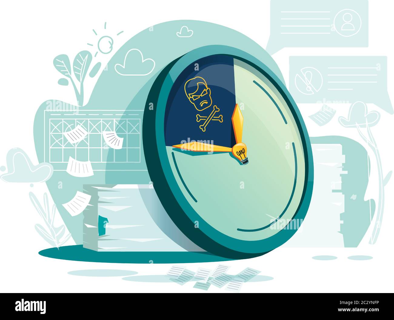 Deadline business concept cartoon vector illustration. Large watches or clocks with yellow hour