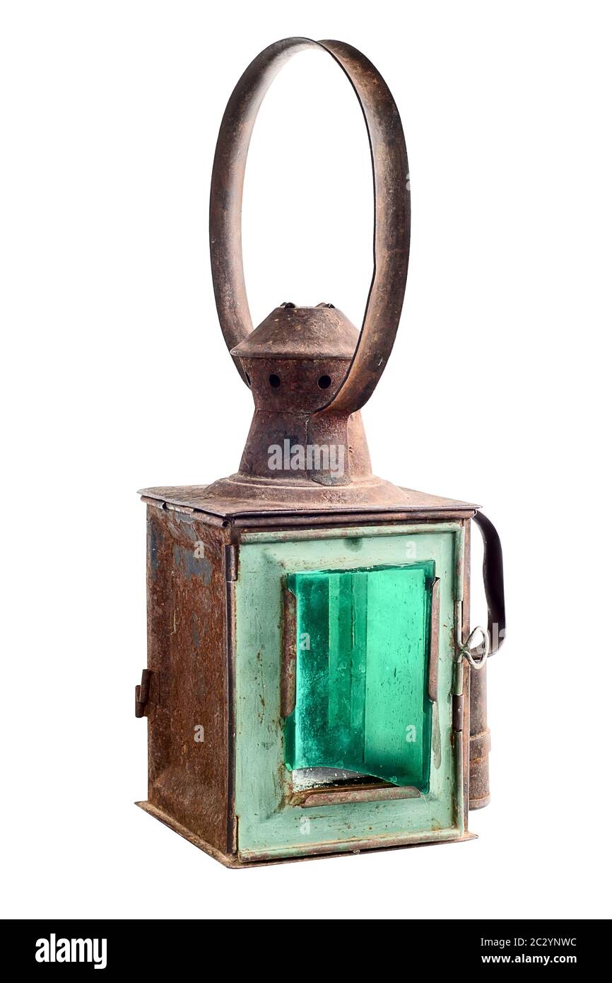 Old rusty railroad lantern. Isolated on white Stock Photo