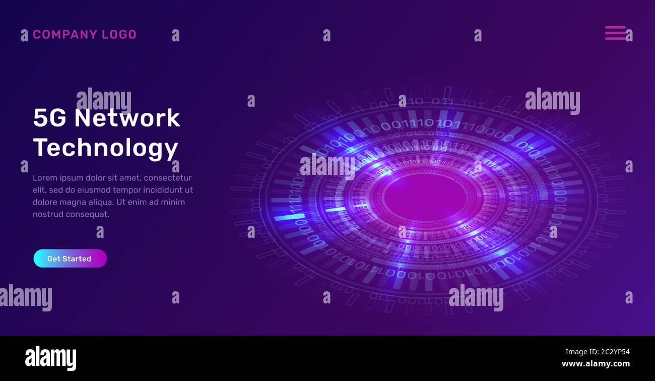 Glowing blue neon ring or futuristic circle with digital binary code ...