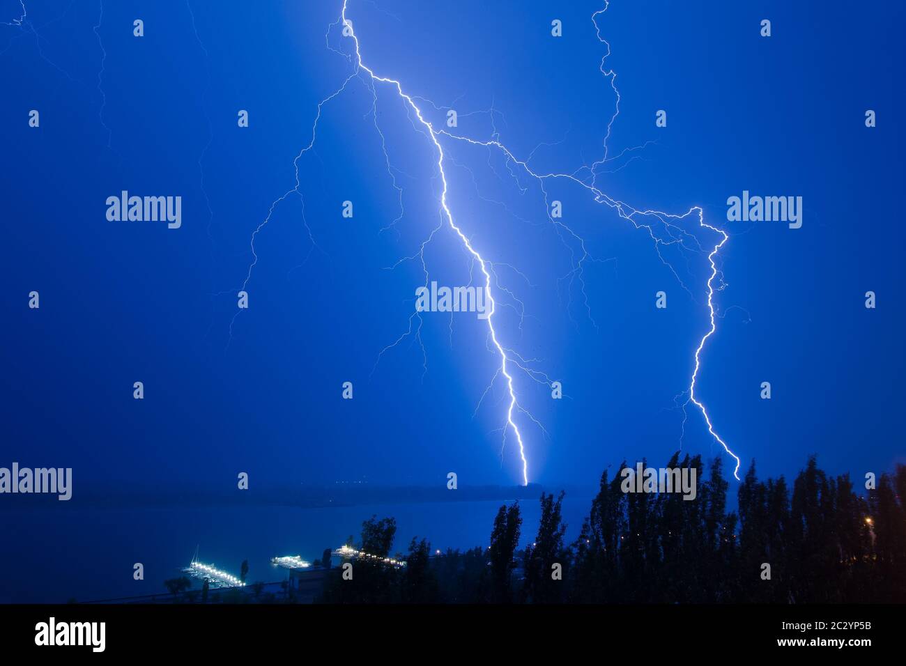 Lightning over the river Volga. Volgograd. Russia Stock Photo