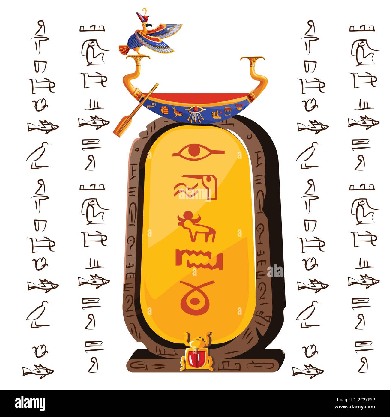 Stone board or clay plate with boat Ra and Egyptian hieroglyphs cartoon vector illustration. Ancient object for recording storing information, graphic Stock Vector