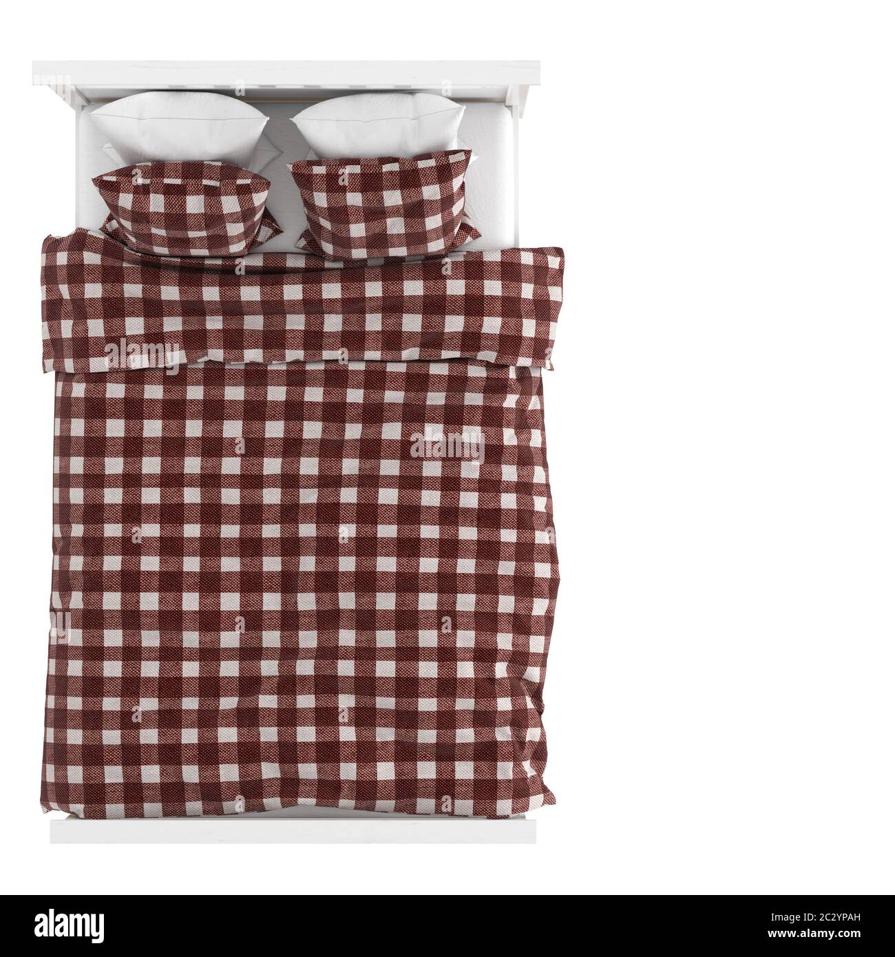 A small double bed with a checkered blanket and pillows on a white background. Copyspace. 3d rendering Stock Photo