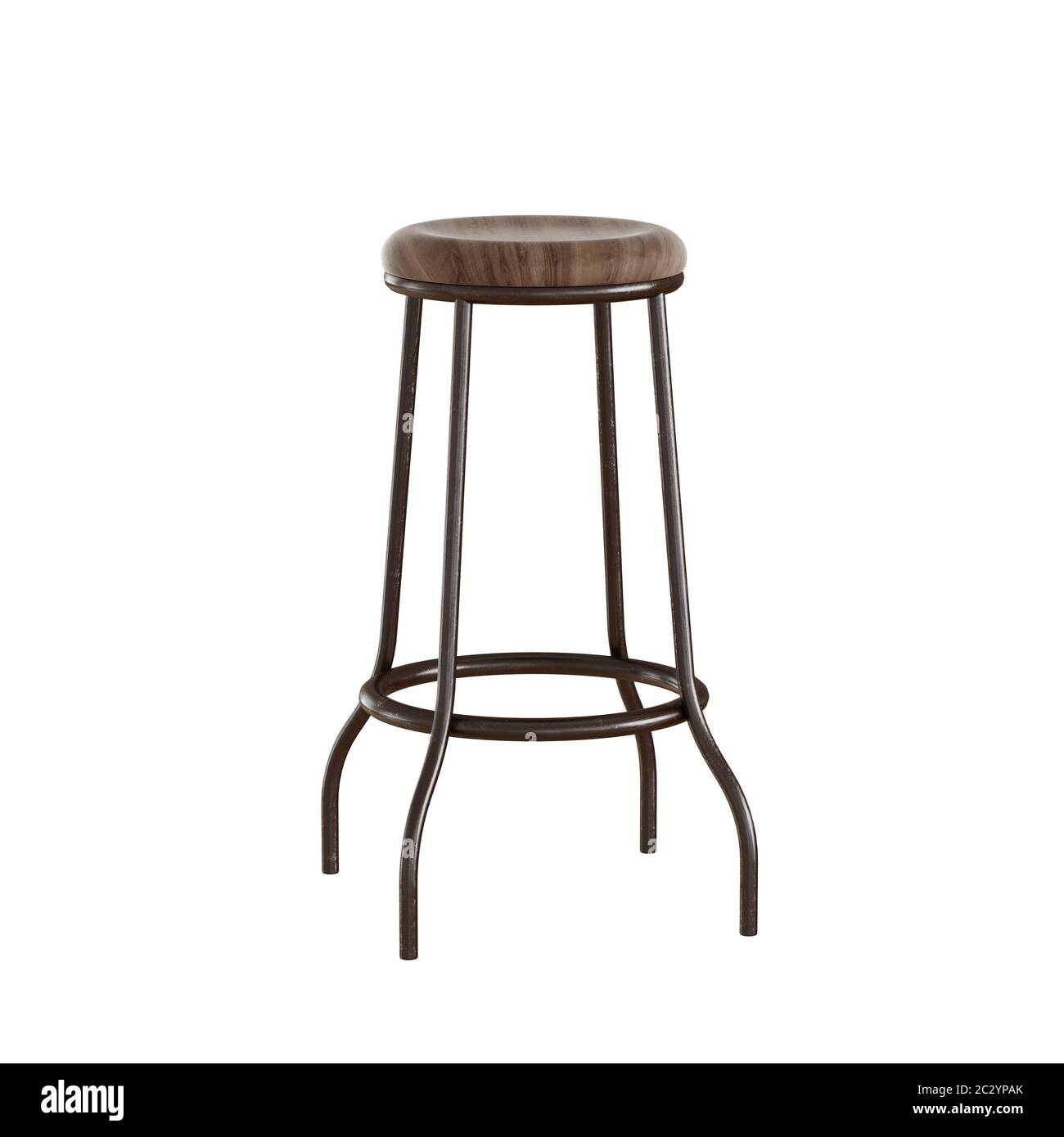 High bar stool with wood seat and metal legs on an isolated background