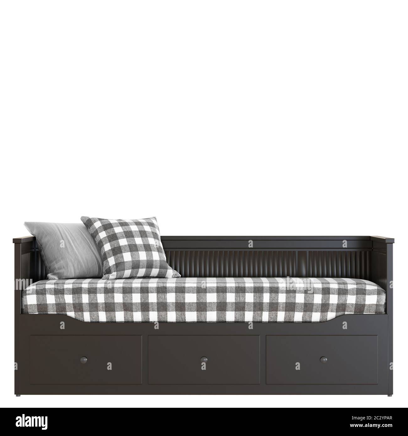 A wooden brown couch with two checkered pillows and a mattress on a white background. Front view. 3d rendering Stock Photo