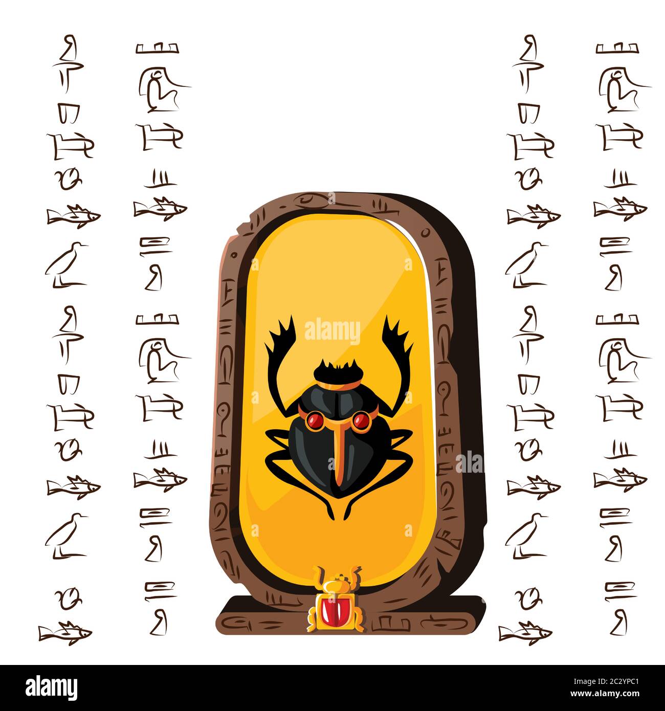 Stone board or clay tablet with scarab beetle and Egyptian hieroglyphs cartoon vector illustration Ancient object for recording storing information, g Stock Vector