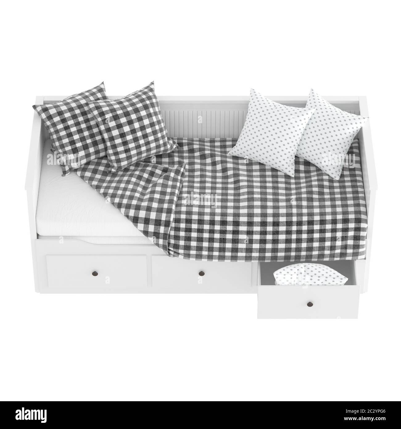 A wooden white couch with two checkered and two white pillows and a mattress on a white background. 3d rendering Stock Photo
