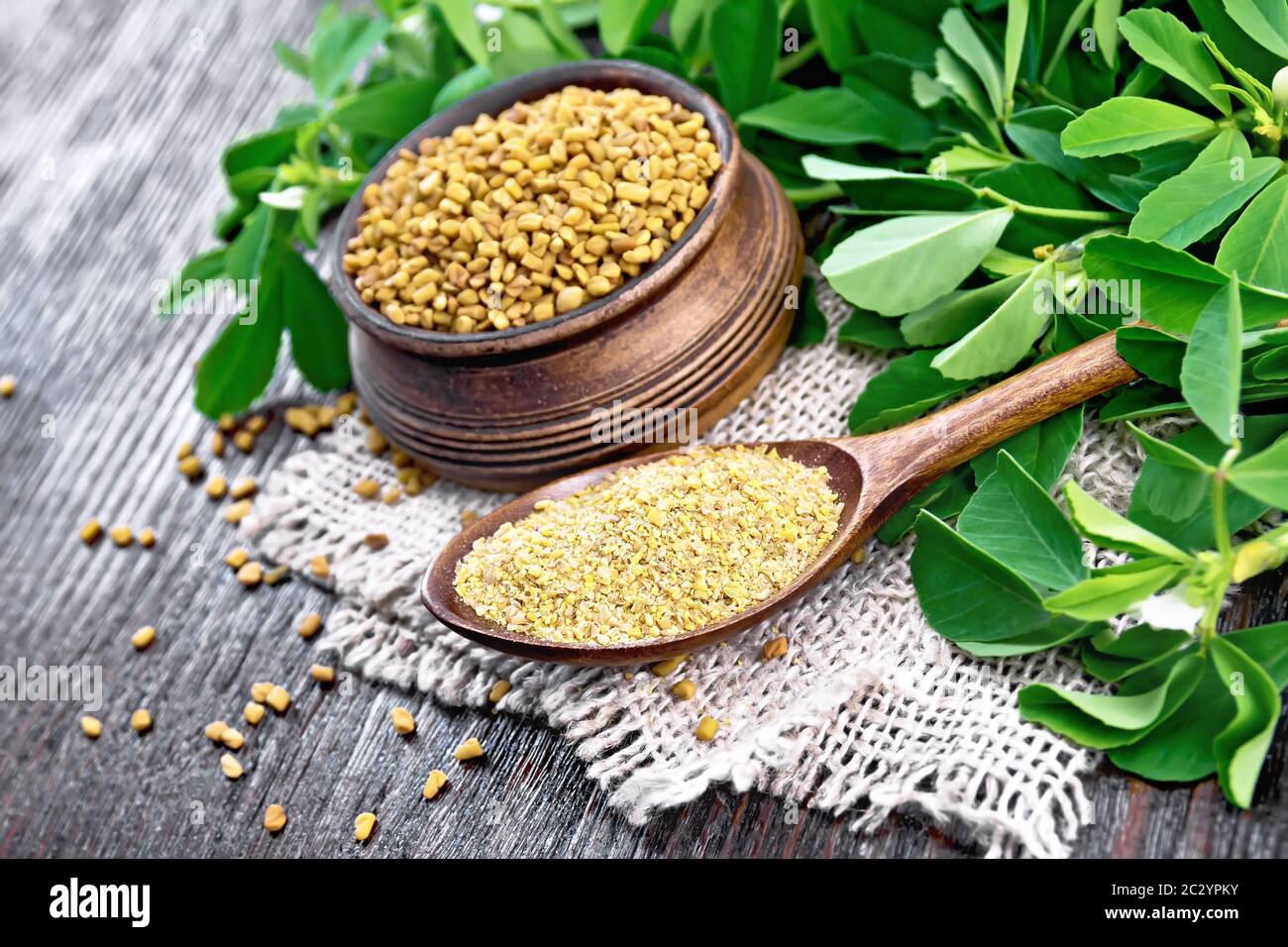 Ground fenugreek in a spoon and seeds in a bowl on a burlap napkin with green leaves on wooden board background Stock Photo