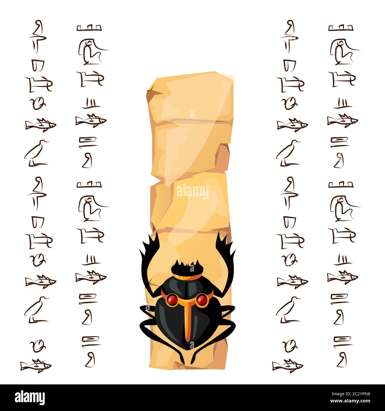 Ancient Egypt papyrus part or or stone column with sacred scarab beetle cartoon vector illustration. Egyptian culture symbol, blank unfolded ancient p Stock Vector