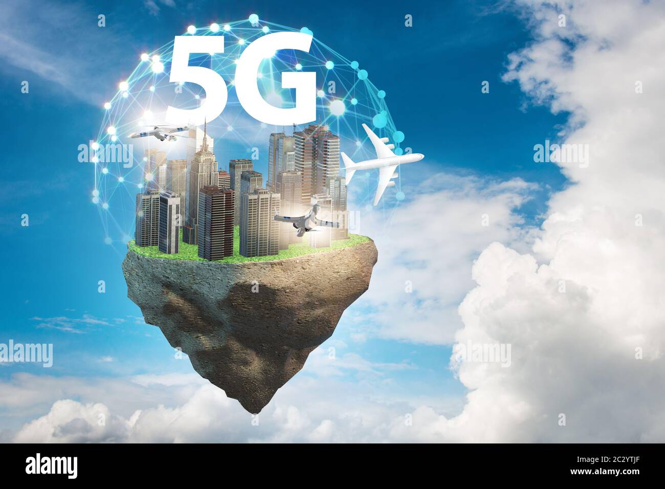 Concept of 5g technology with floating island Stock Photo