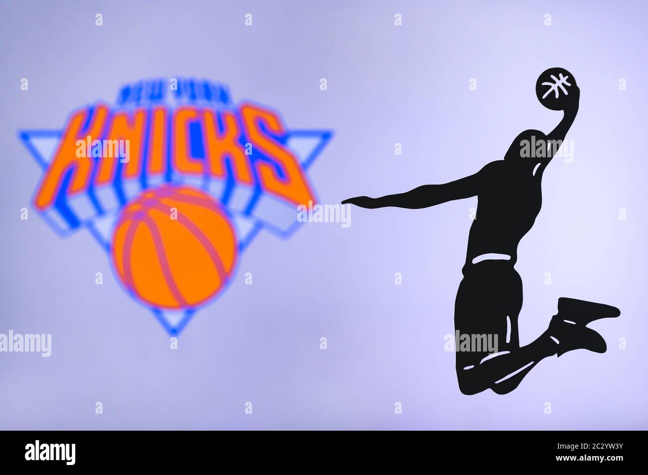 NEW YORK, USA, JUN 18, 2020: New York Knicks basketball club logo,  silhouette of jumping basket player, sport photo NBA, edit space Stock  Photo - Alamy