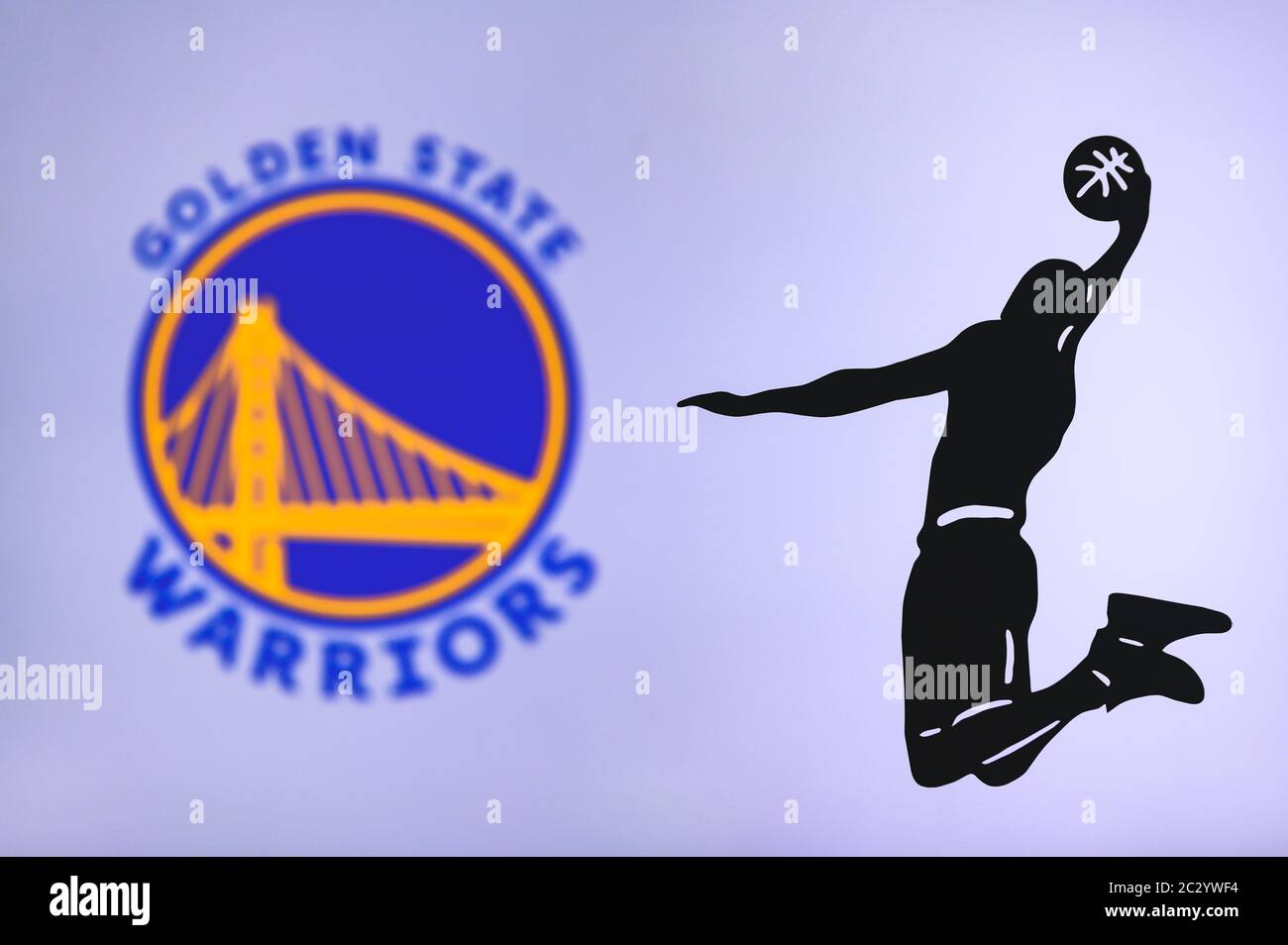 NEW YORK, USA, JUN 18, 2020: Golden State Warriors basketball club logo,  silhouette of jumping basket player, sport photo NBA, edit space Stock  Photo - Alamy