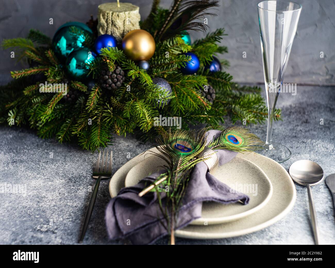 Festive table setting for Christmas dinner Stock Photo