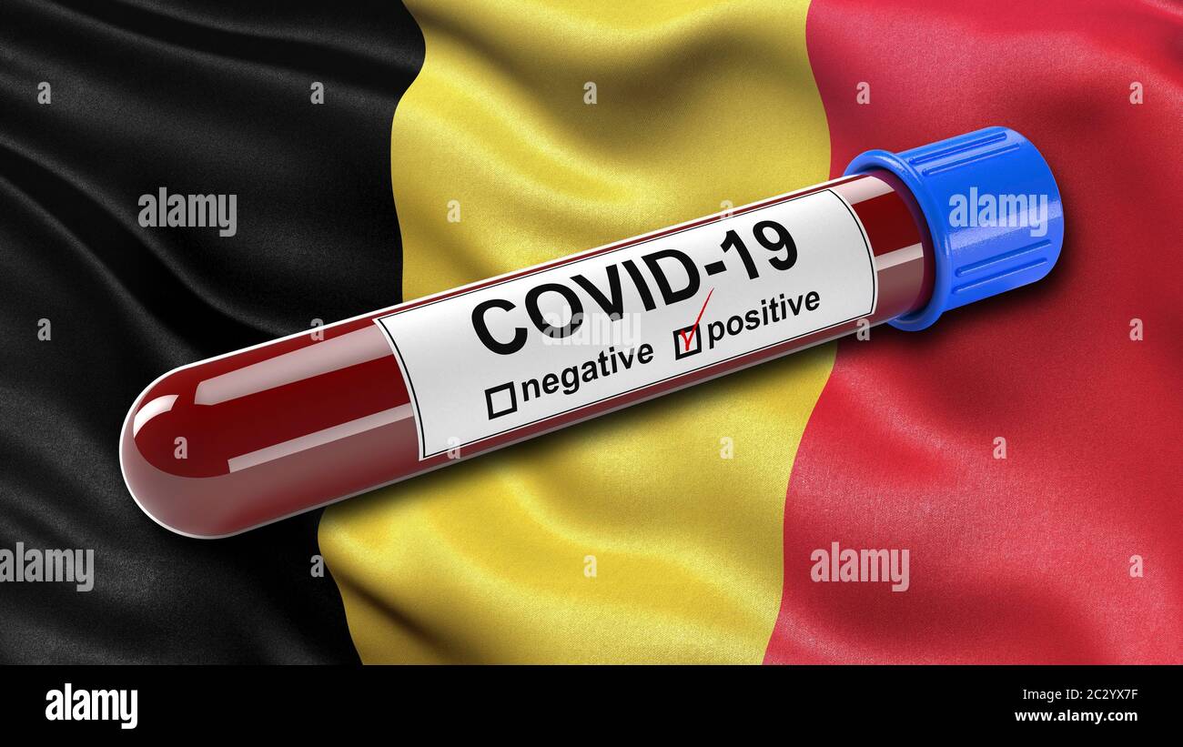 Flag of Belgium waving in the wind with a positive Covid-19 blood tube Stock Photo