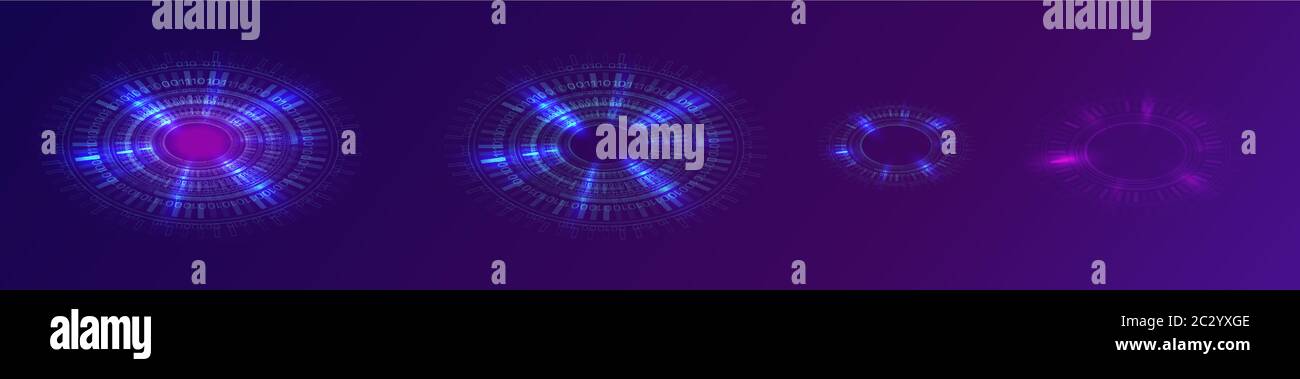 Glowing blue neon ring or futuristic circle with digital binary code ...
