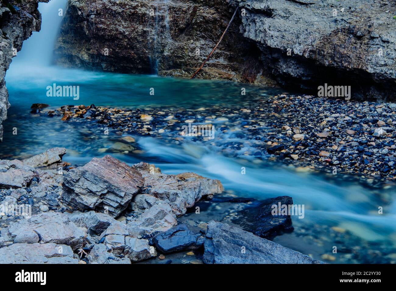 Landscape with view of stream, Banff National Park, Rocky Mountains, Alberta, Canada Stock Photo