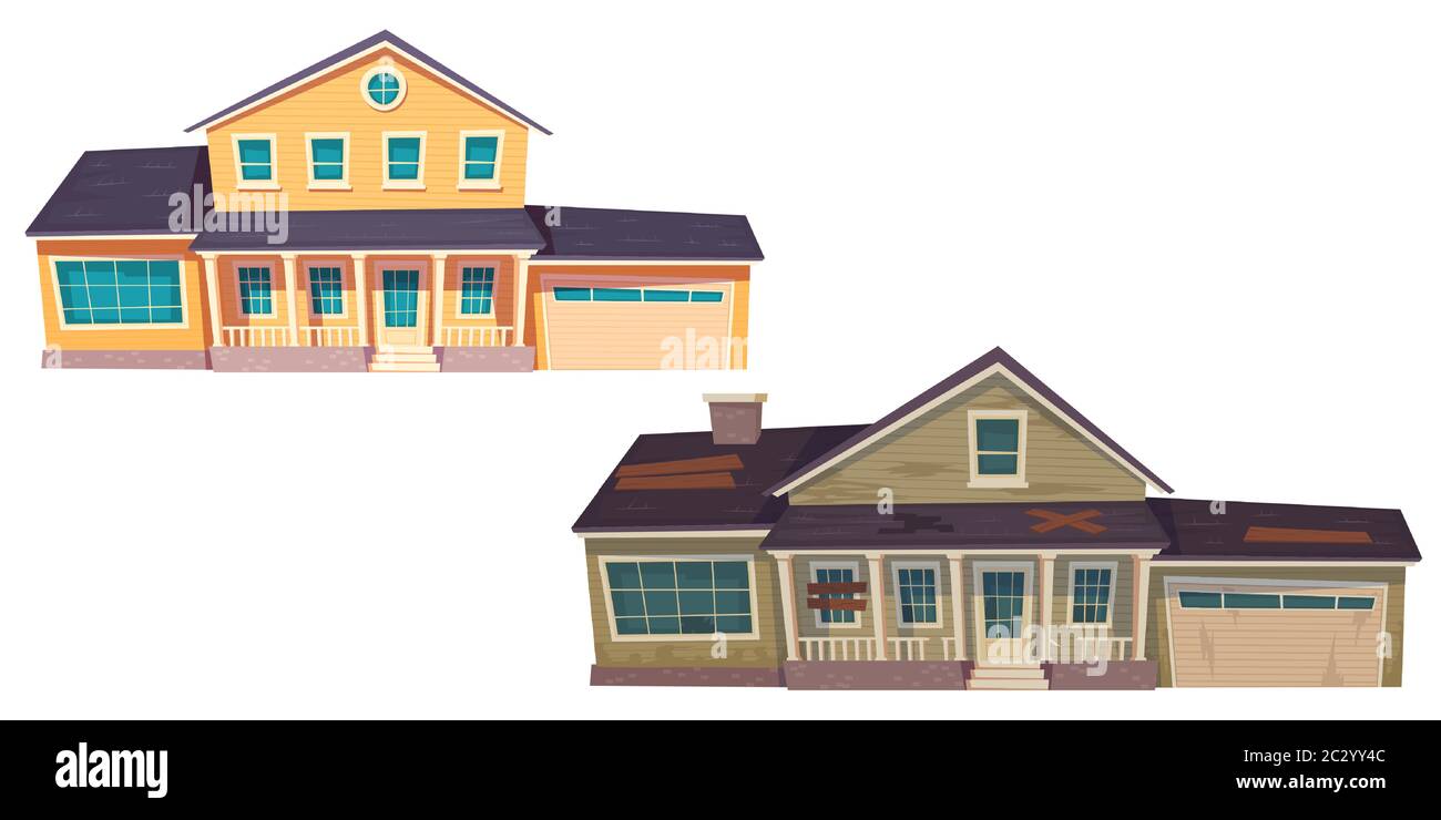 Old broken slum house and new cottage. Abandoned dilapidated building with boarded up windows and modern suburban home with garage. Vector cartoon woo Stock Vector