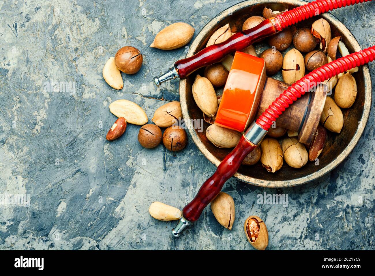 tobacco nut East tobacco hookah with nut shisha tobacco.Nuts shisha tobacco.Copy space  Stock Photo