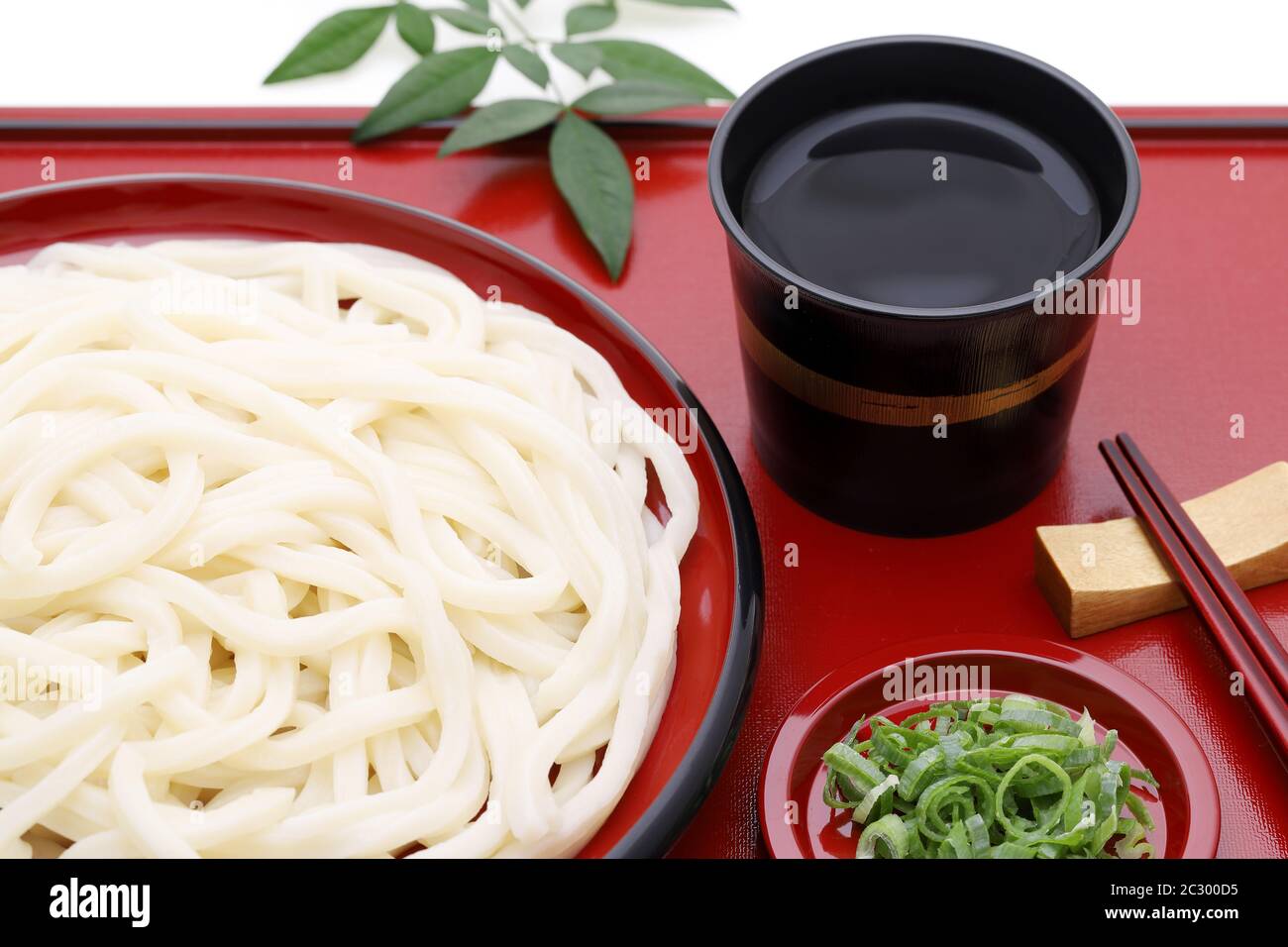 Japanese Zaru udon noodles in a dish with soy sauce on wooden tray