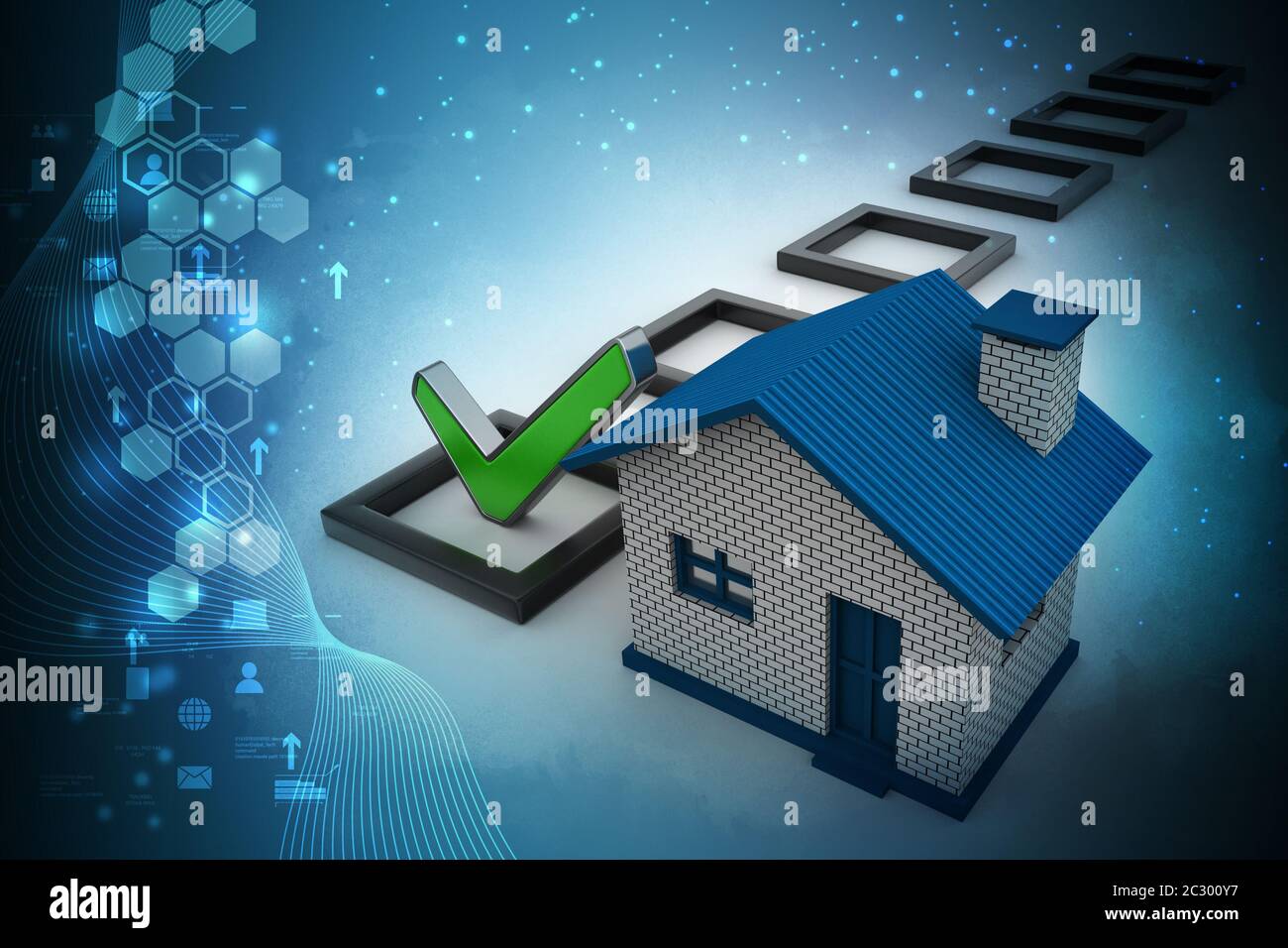 Home with check mark and column in color background Stock Photo - Alamy