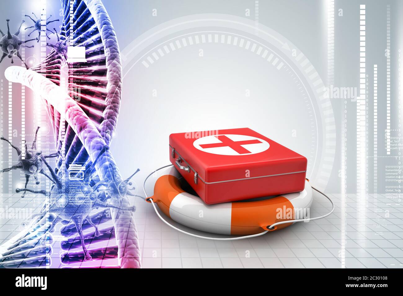 First aid box with life buoy in color background Stock Photo