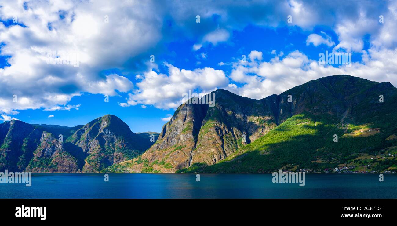 Scenic landscape with mountains and fjord, Sognefjord, Sogn og Fjordane, Norway Stock Photo