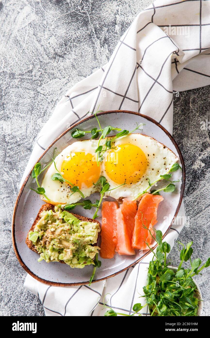 Egg breakfast. Healthy nutritious breakfast with eggs, salmon, avocado