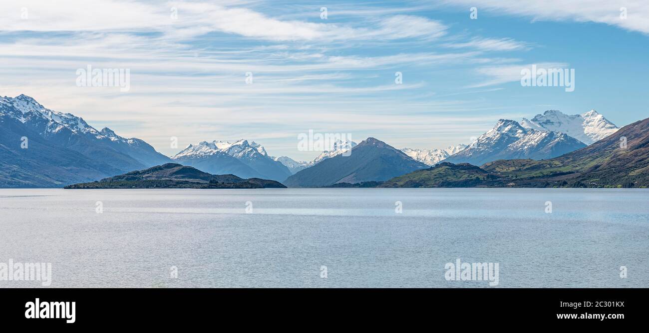 View towards Glenorchy, Mount Alfred and other mountains with lake, Lake Wakatipu, Otago, South Island, New Zealand Stock Photo