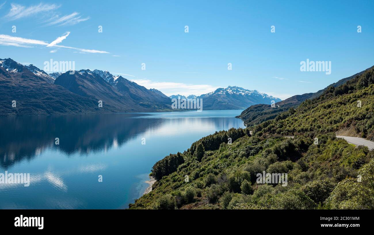 View of lake with mountains, Lake Wakatipu, Otago, South Island, New Zealand Stock Photo