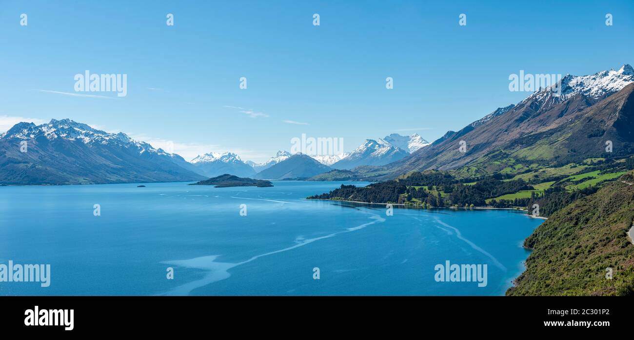 View towards Glenorchy on lake with mountains, Lake Wakatipu, Otago, South Island, New Zealand Stock Photo