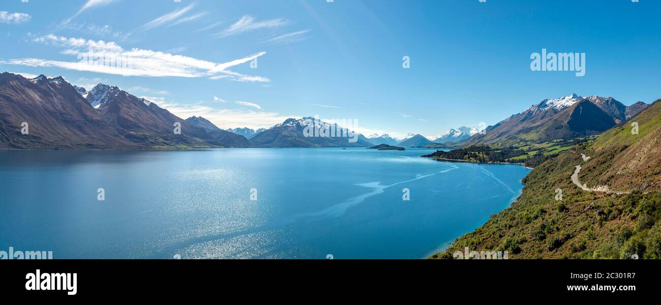 View towards Glenorchy on lake with mountains, Lake Wakatipu, Otago, South Island, New Zealand Stock Photo