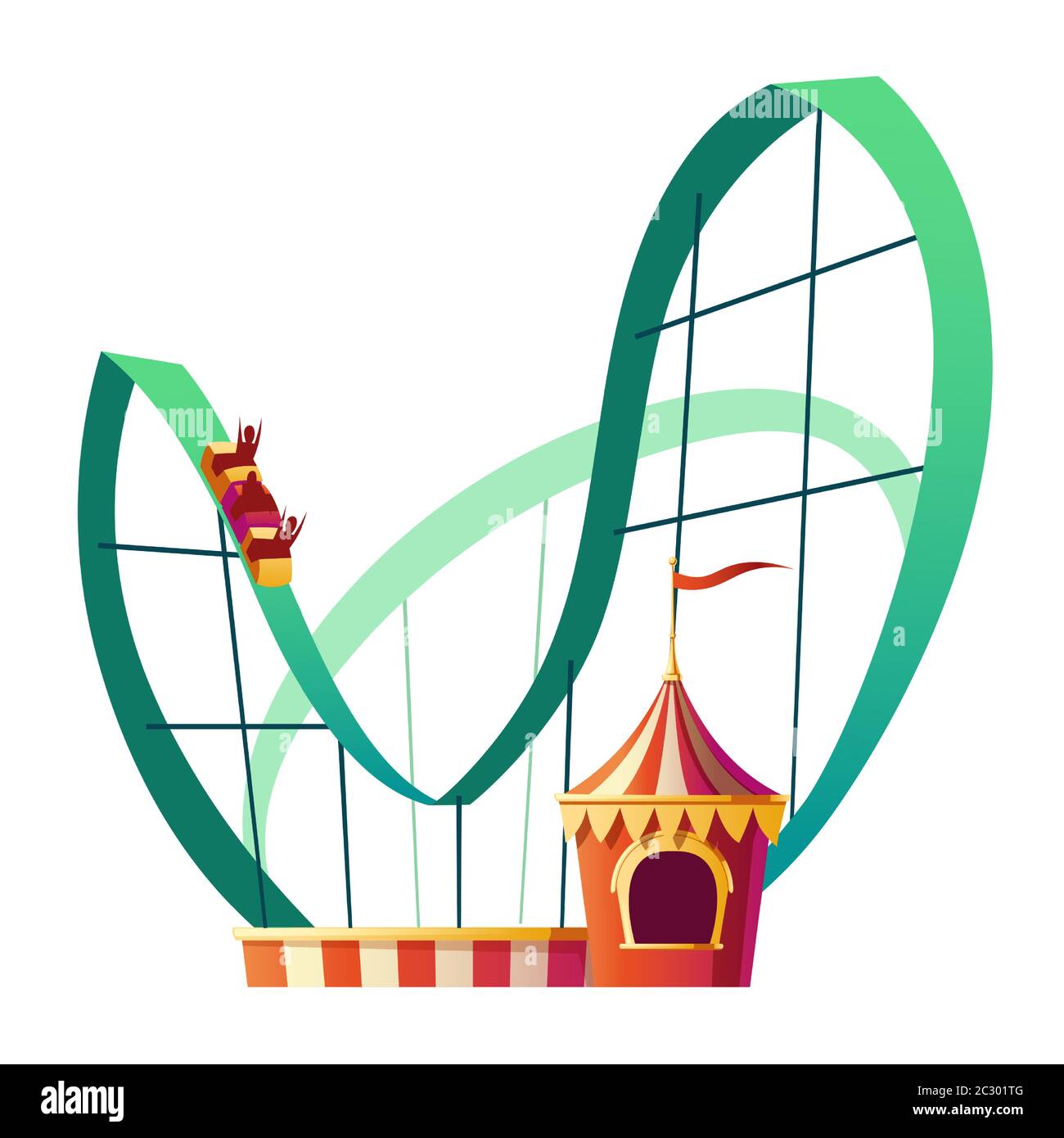 Roller coaster ride. Rollercoaster attraction with happy people in amusement carnival park isolated on white background. Festive fair and recreation e Stock Vector