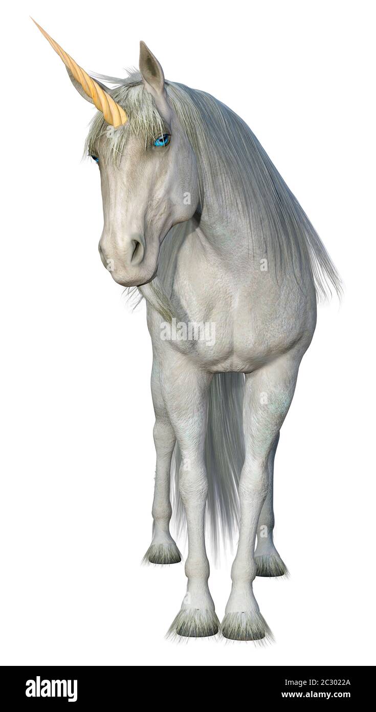 3D rendering of a fantasy white unicorn isolated on white background ...