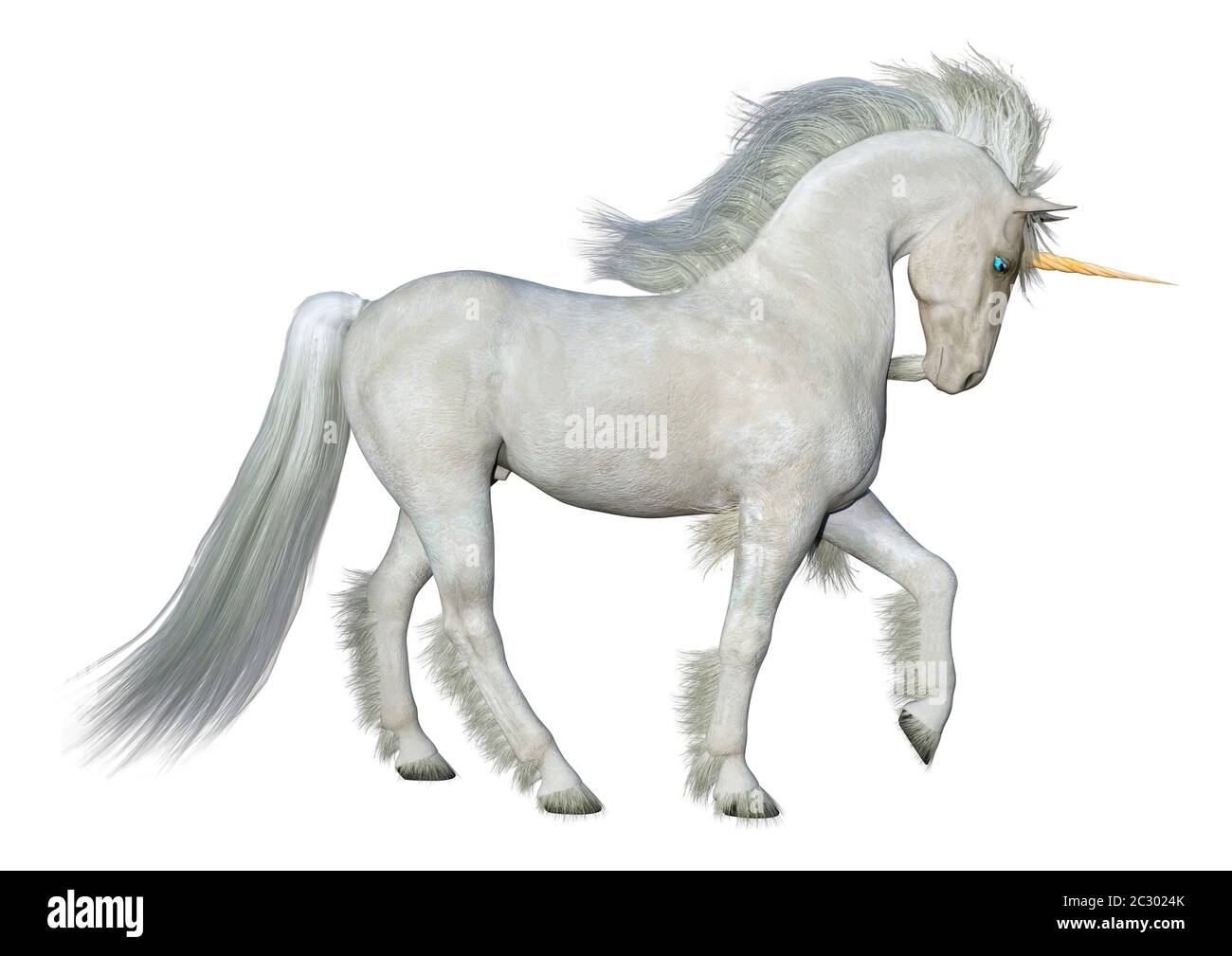 3D rendering of a fantasy white unicorn isolated on white background ...