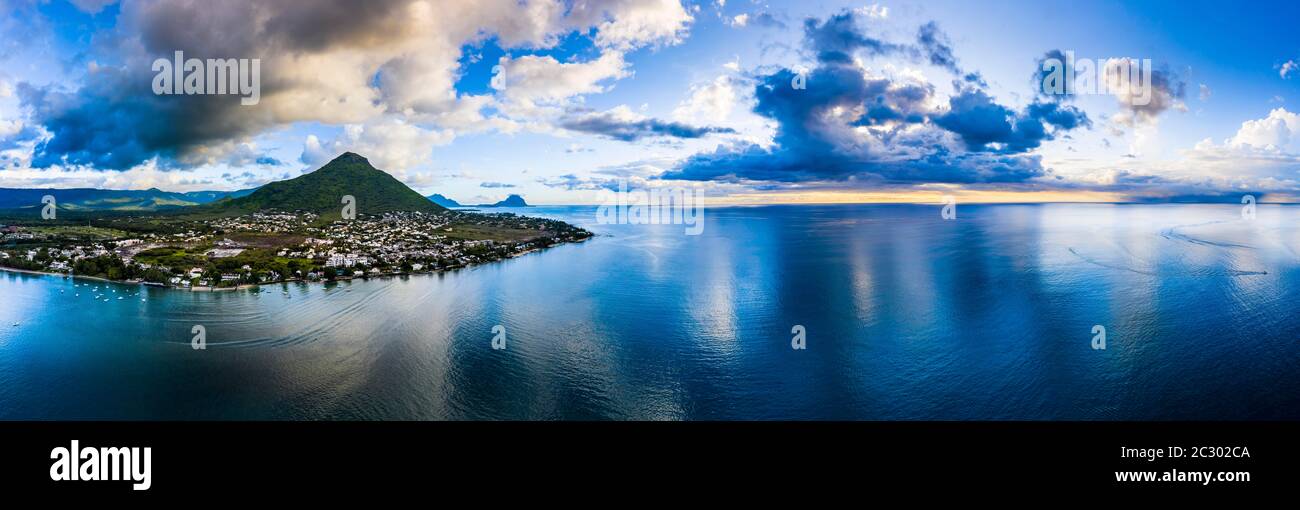 Aerial view, the beach of Flic en Flac with luxury hotels and palm trees, behind the mountain Tourelle du Tamarin,, Mauritius, Africa Stock Photo