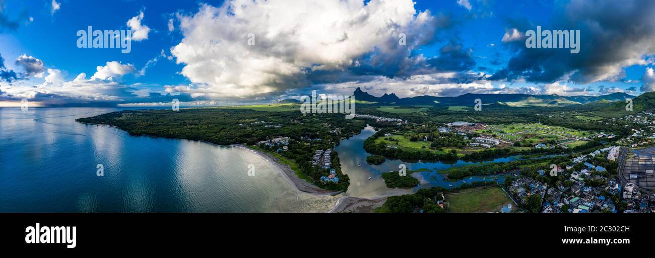 Aerial view, the beach of Flic en Flac with luxury hotels and palm trees, in the back the mountain Trois Mamelles, Mauritius, Africa Stock Photo