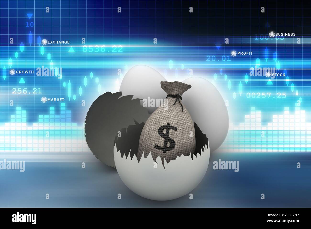 Money bag with eggs and egg shells in color background Stock Photo - Alamy