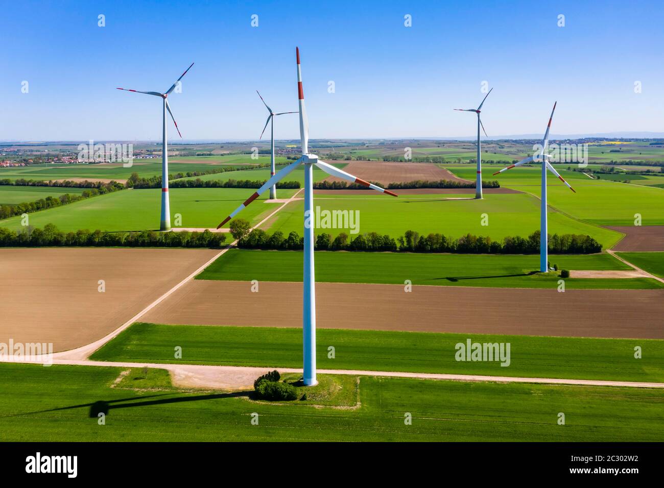 Aerial view, wind park, wind power plants, renewable energy by wind, Gabsheim. Rhineland-Palatinate, Germany Stock Photo