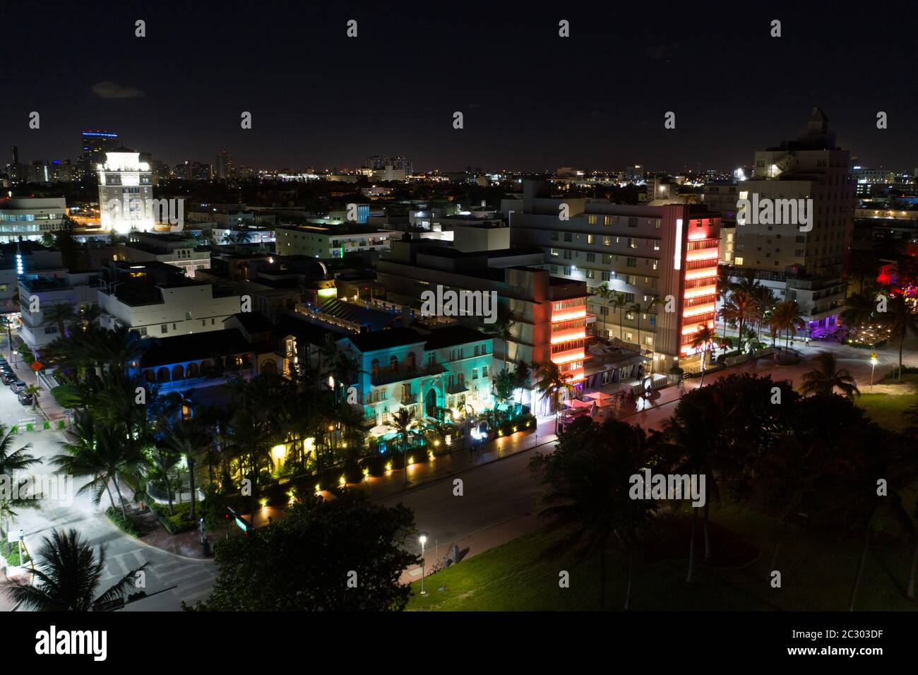 Night aerial photo Miami Beach neon lights Ocean Drive retro 80's style
