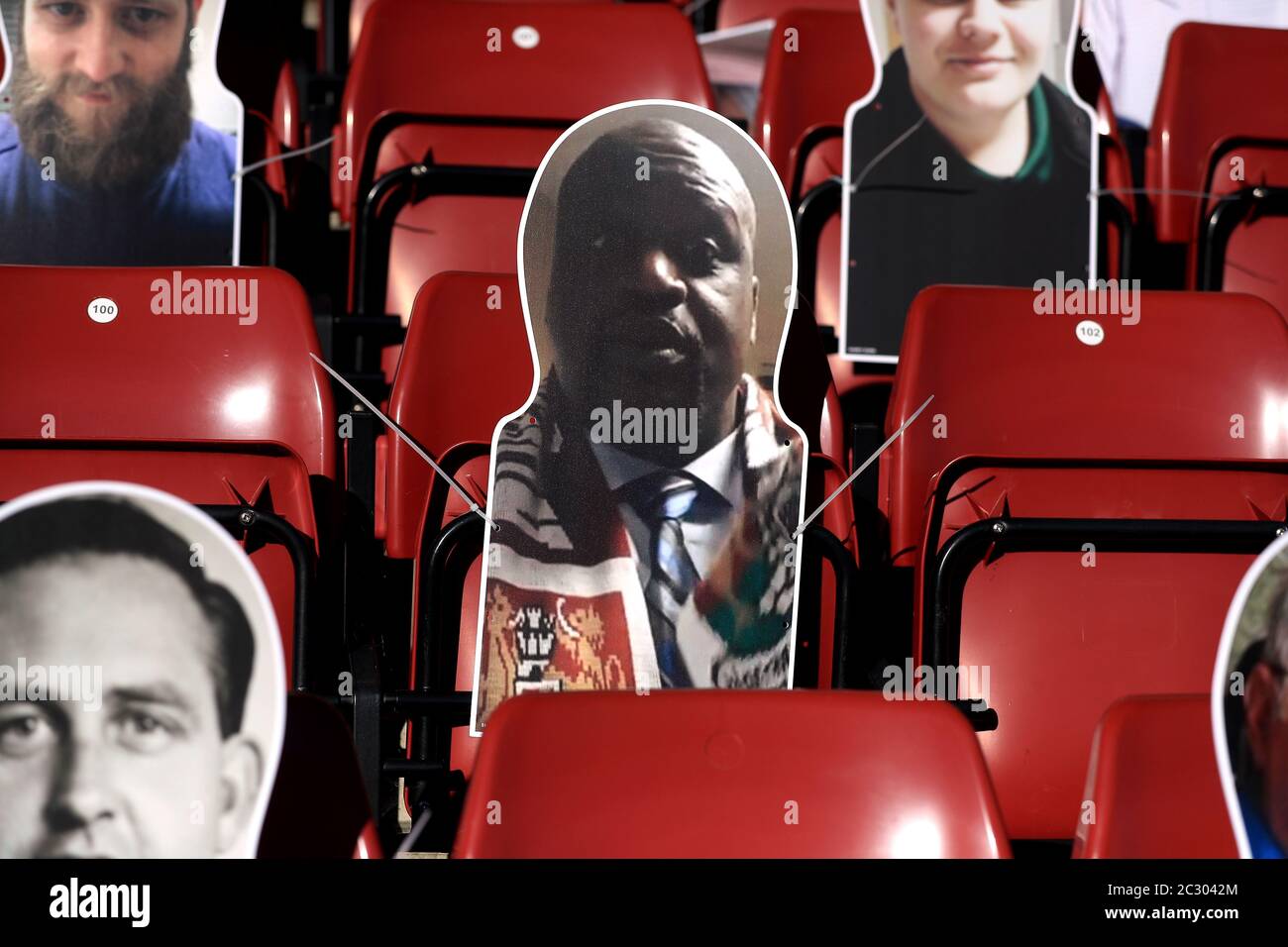 Cardboard cutout of former NBA basketball player and Northampton Town fan Shaquille O'Neal in the stands during the Sky Bet League Two play-off semi final first leg match at the PTS Academy Stadium, Northampton. Stock Photo
