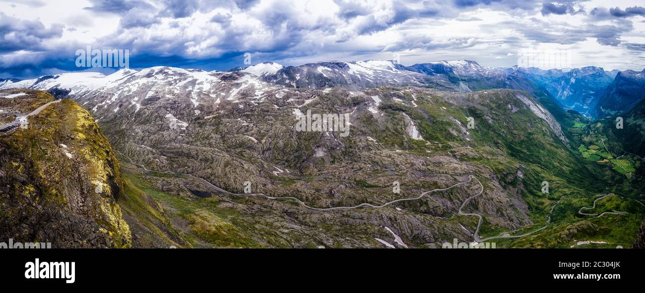 Mount Dalsnibba with winding road and Geiranger Valley, More og Romsdal county, Norway Stock Photo