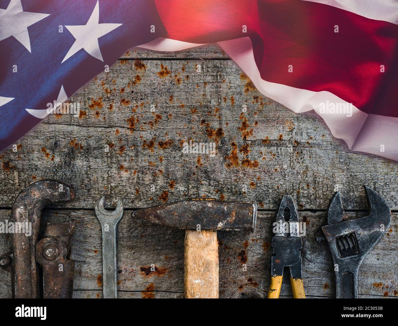 LABOR DAY. Hand tools lying on the table Stock Photo