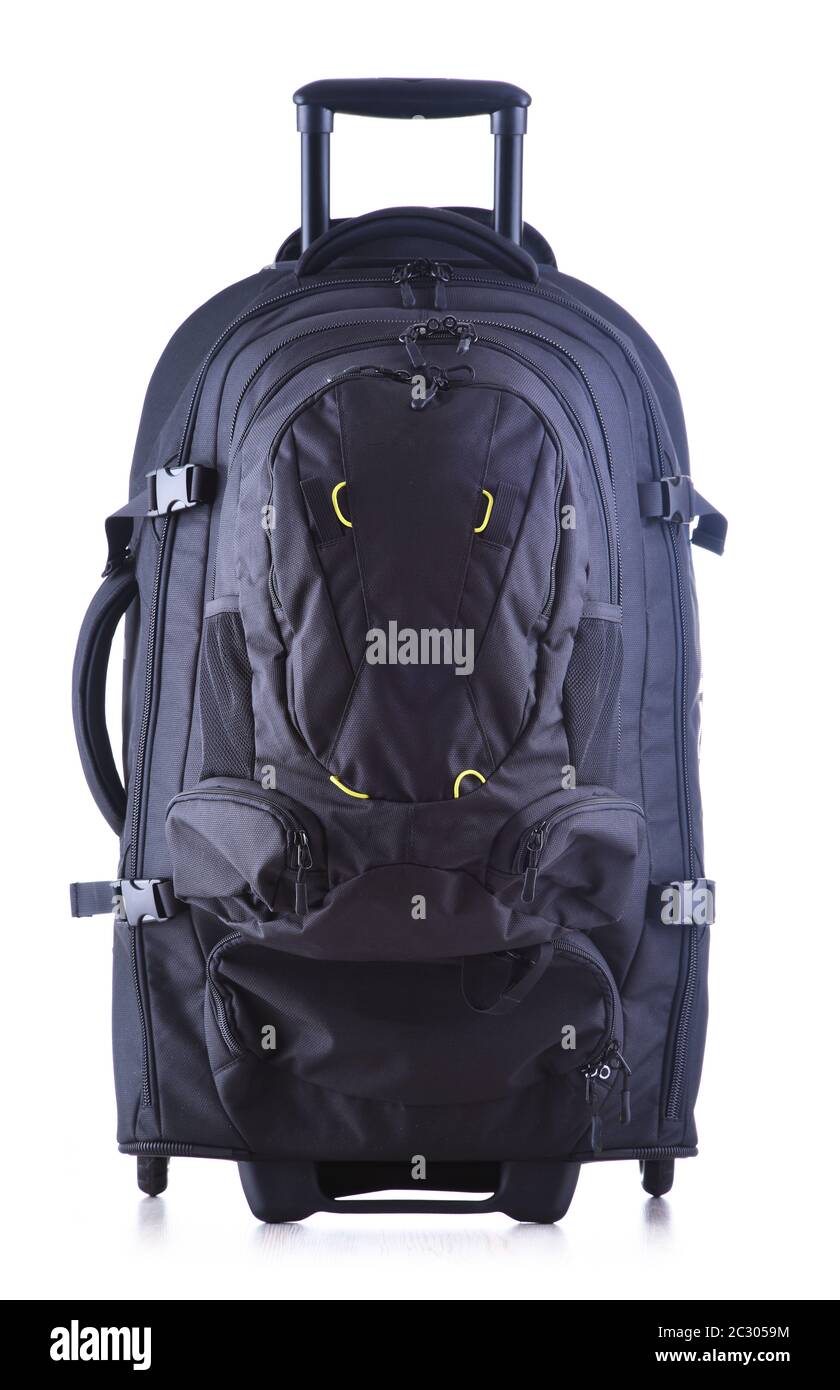 Large black tourist backpack with wheels isolated on white background Stock Photo