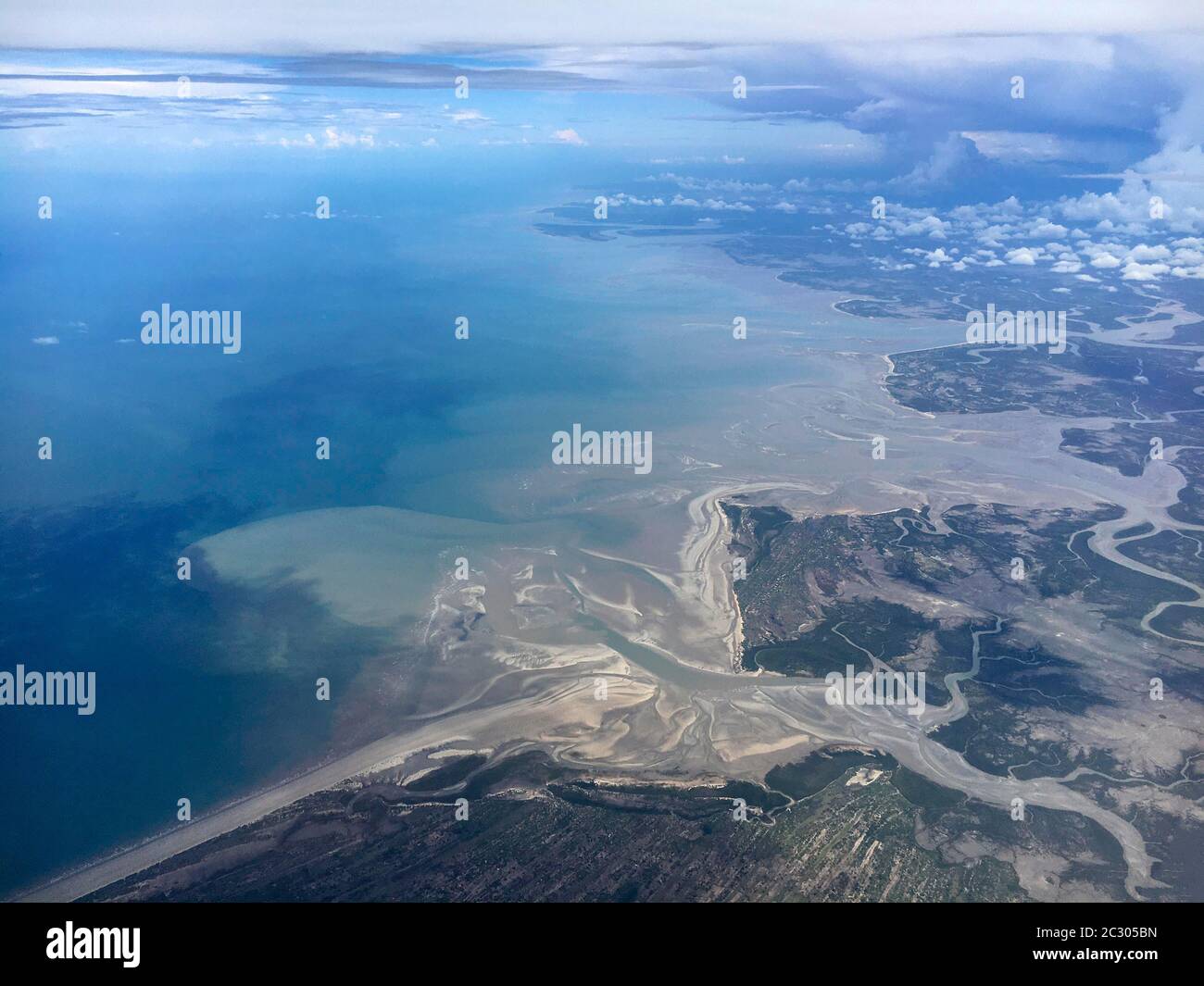 River delta, Buzi River flows into Mozambique Strait, aerial view near Beira, Sofala Province, Mozambique Stock Photo