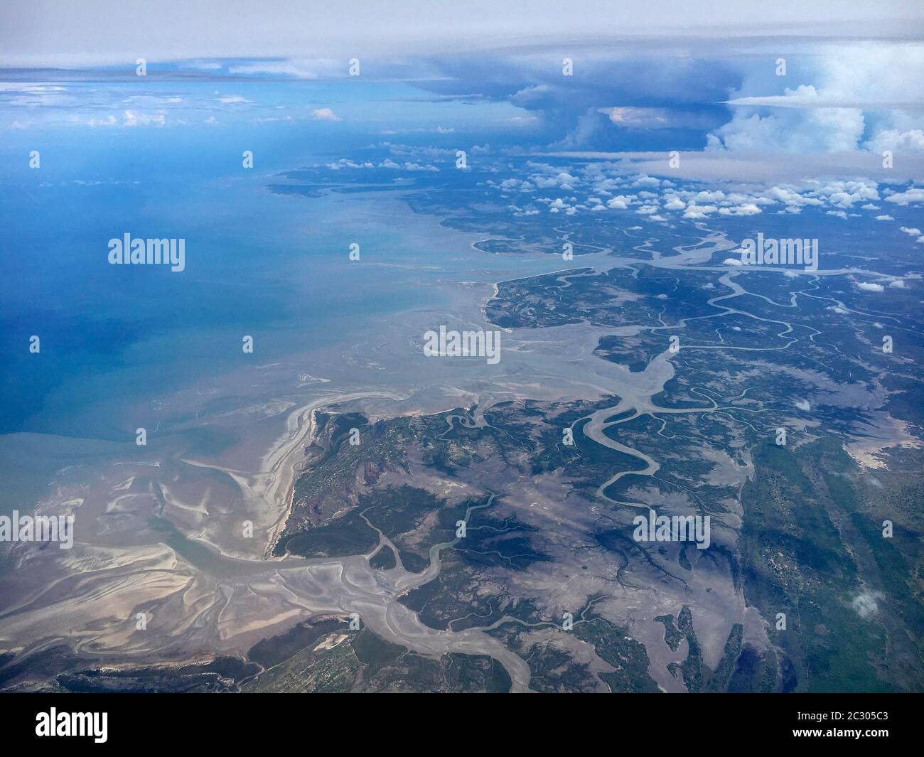 River delta, Buzi River flows into Mozambique Strait, aerial view near Beira, Sofala Province, Mozambique Stock Photo